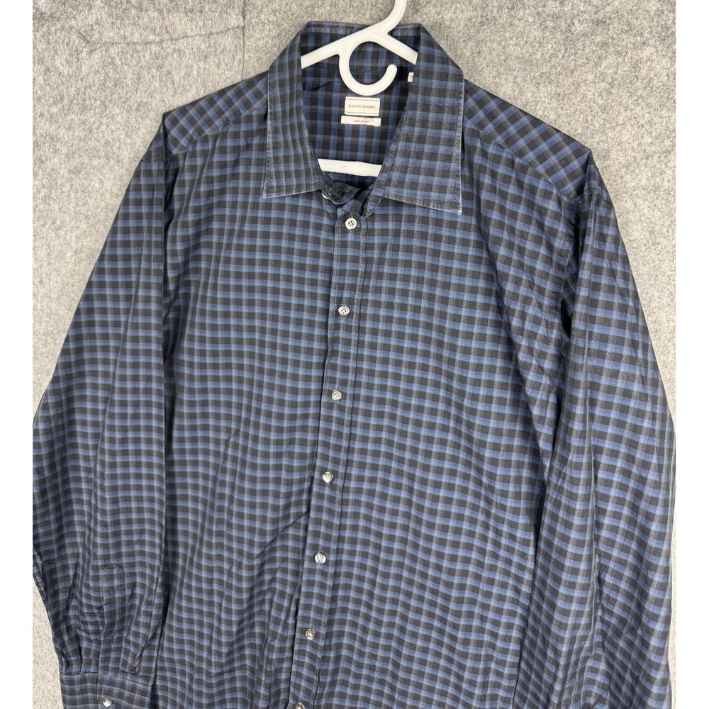Luciano Barbera Dress Shirt Men's XL Plaid Blue Black Button 100% Cotton Italy